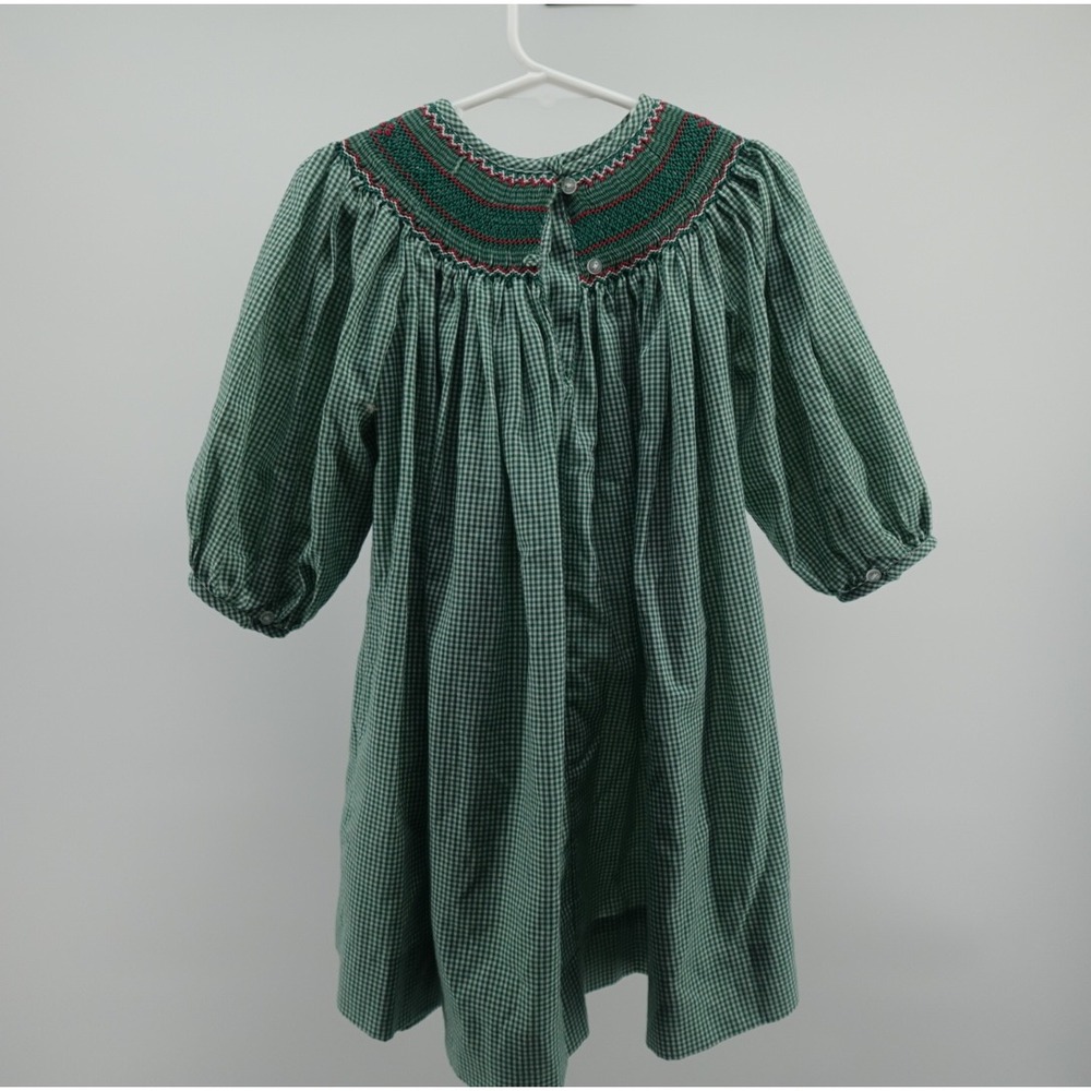 Green Gingham Hand Smocked Bishop Dress Kids Red Floral Embroidery Christmas 24m - Picture 6 of 10